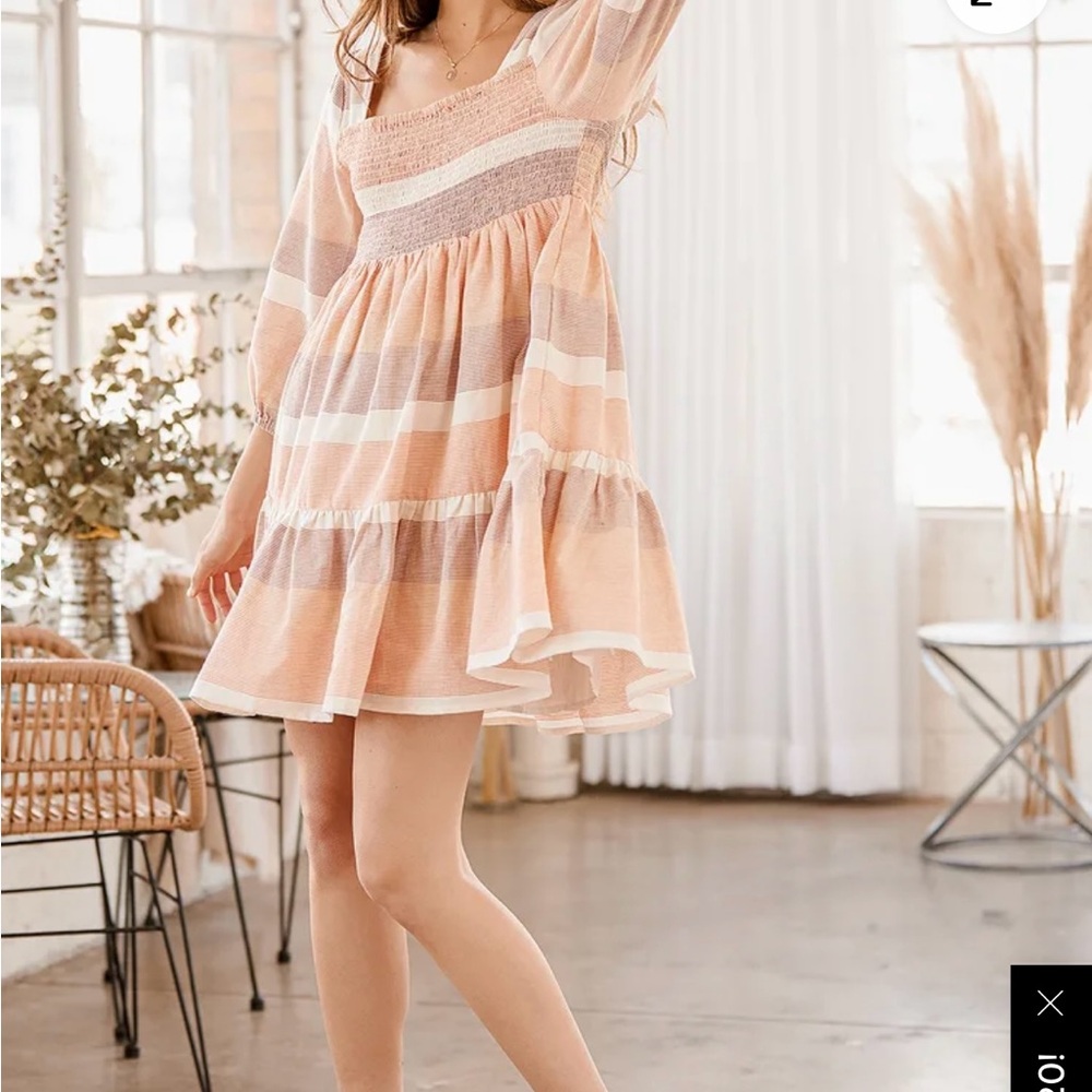 LuLus Way Too Cute Peach Multi Striped Smocked Babydoll Dress